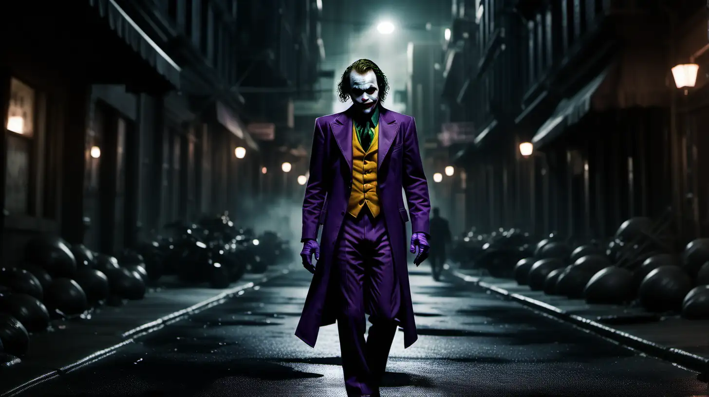 Generate an AI video scene featuring the Joker walking through the dark lanes of Gotham City. Set a mysterious cinematic atmosphere with dimly lit surroundings, casting shadows that add to the suspense. Capture the essence of the character's unpredictable nature and the eerie ambiance of the city at night.
