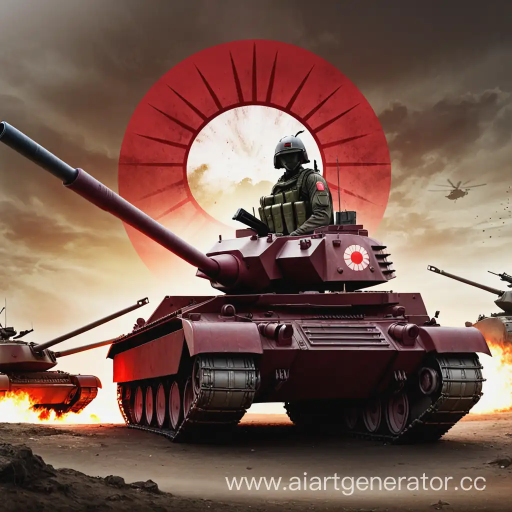 Military-Soldier-with-Red-Rising-Sun-Emblem-and-Tank