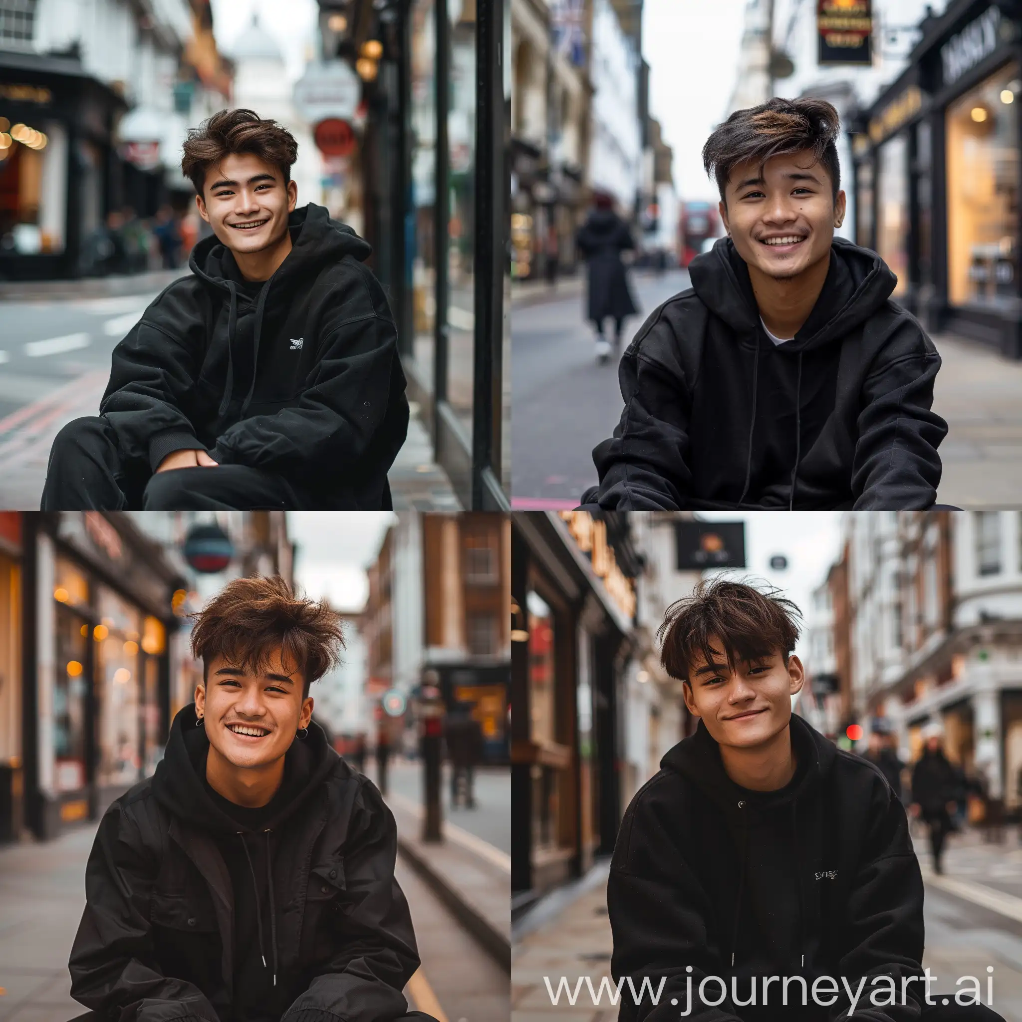 full body handsome boye 30 year old,thailand face,wearing black hoddie,smile expresion,sitting at street london city,realistic photo,hd,bright ultra,4k,wide angle