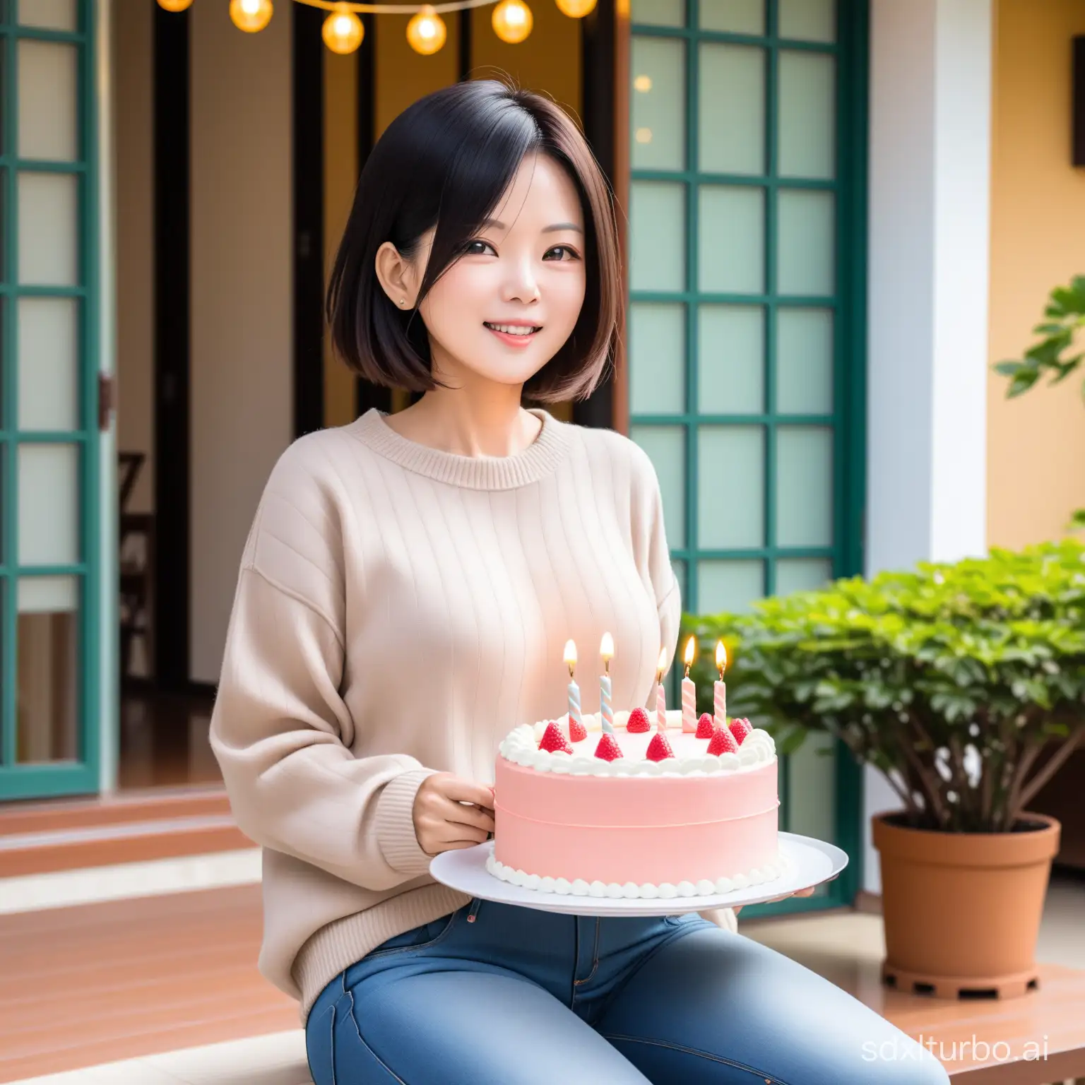 In front of a beautiful villa, a 45-year-old beautiful Taiwanese girl with shoulder-length short hair, wearing a sweater and jeans, was drinking to celebrate her birthday, with a beautiful birthday cake.