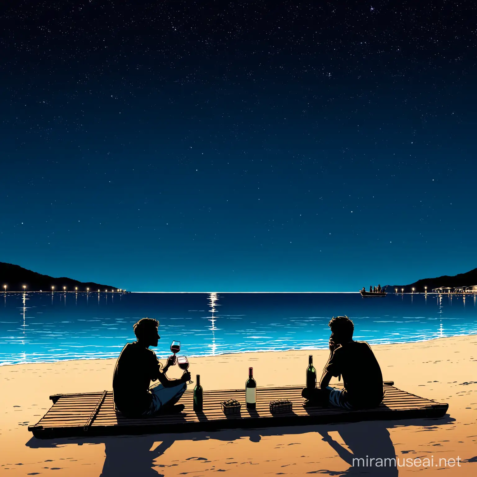 The story is about two young men, one 25, one 27 years old, and they are on a raft, a boat, on the sand. The year is 1990, both young men are silhouetted from behind or from the side, drinking wine from a single bottle. No one is with them. They are wearing casual shirt trousers, not sea shorts, and they are drinking wine directly from the bottle, not from a glass. They are having a sad conversation about their grandfathers, the past and their childhood. The sky is dark and starry, and the lights of the Aegean coast of Turkey can be seen on the opposite shore. A little to the right of where the two young men are sitting, we can see a taverna with people having fun. 