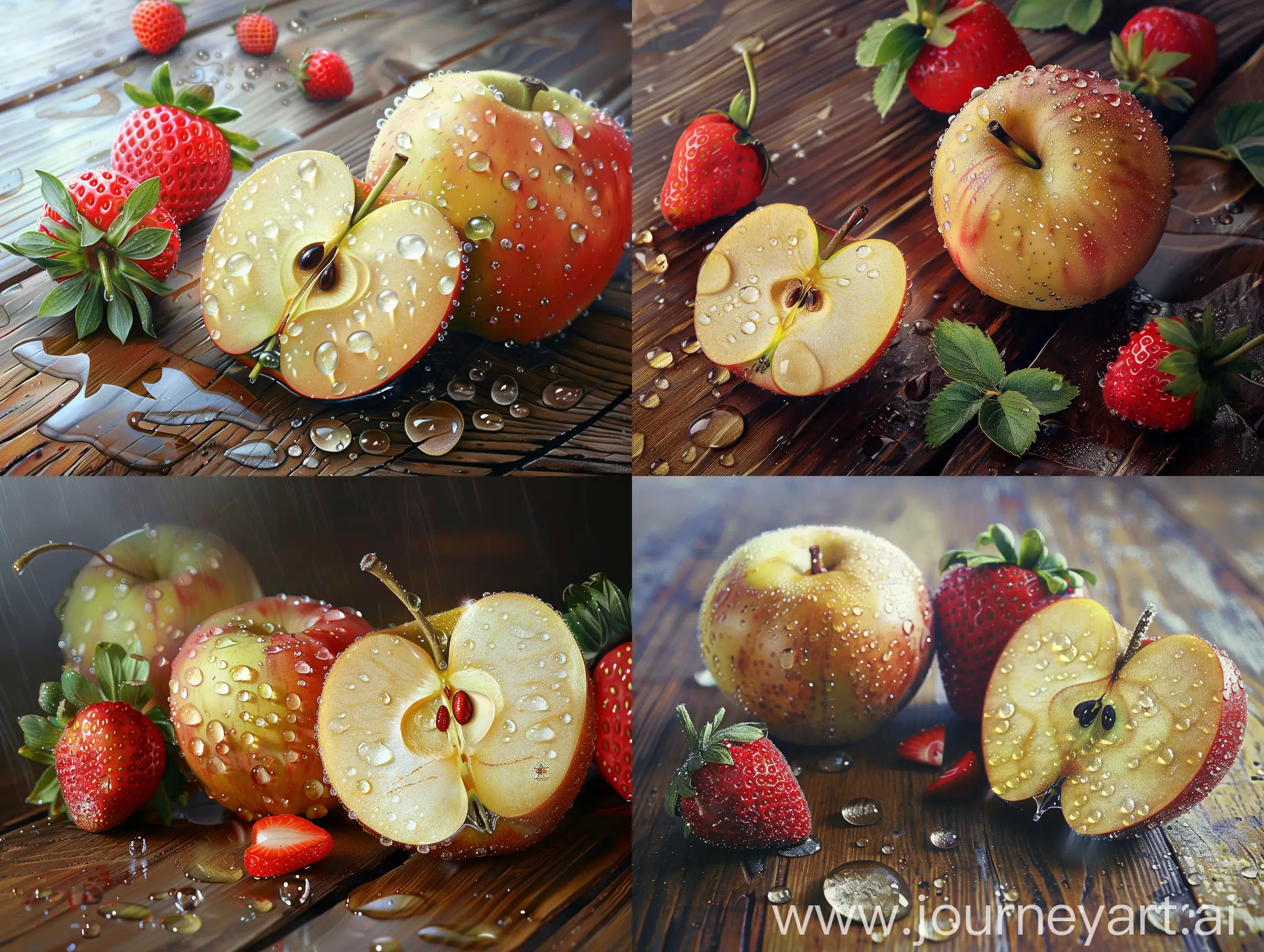 Exquisite-Photo-Realism-Wooden-Table-with-HalfCut-Apple-Strawberry-and-Glistening-Water-Droplets