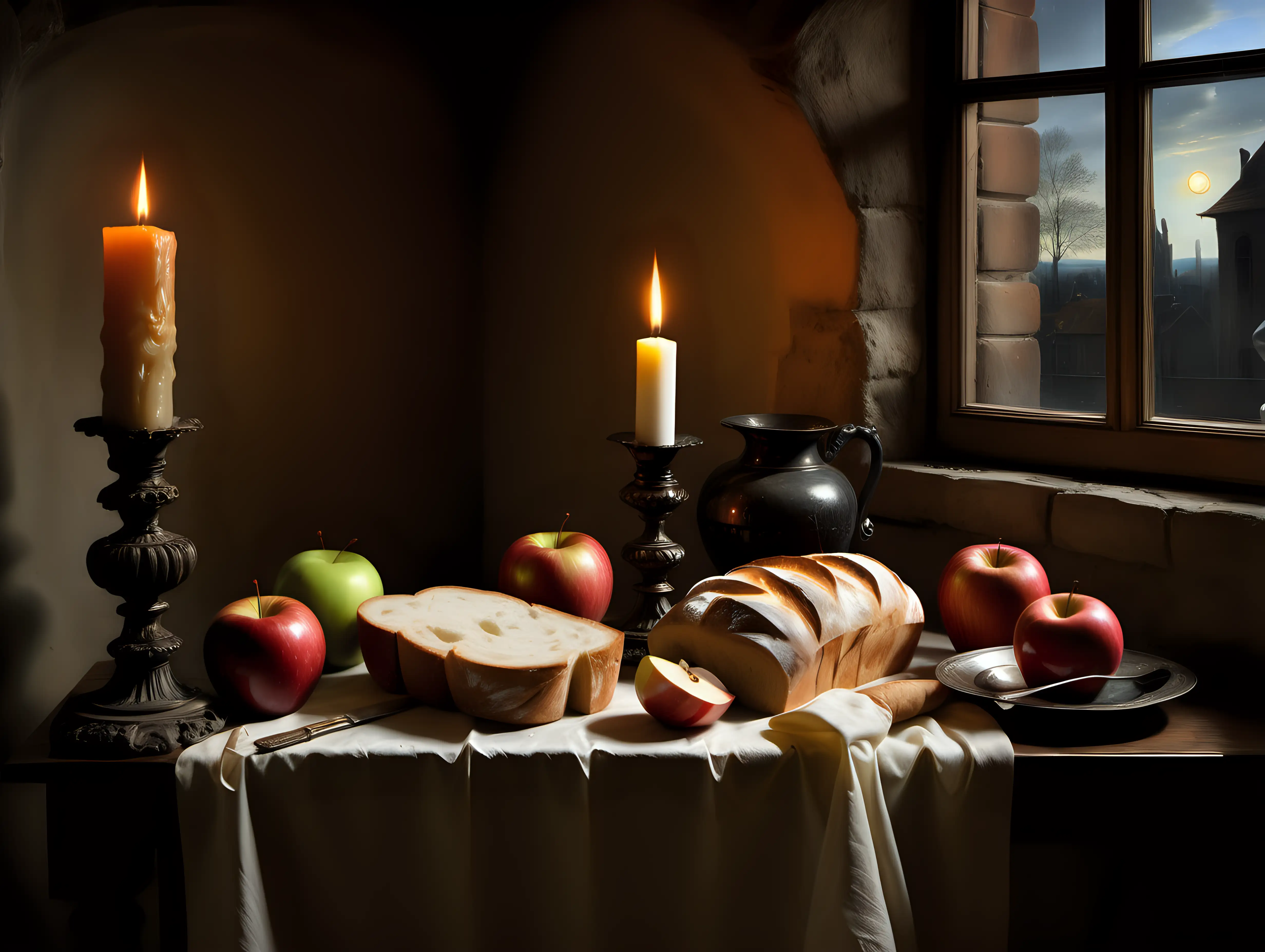 Classic Still Life 17th Century Wet Oil Painting with Bread Candle and Apple in Rembrandt Style