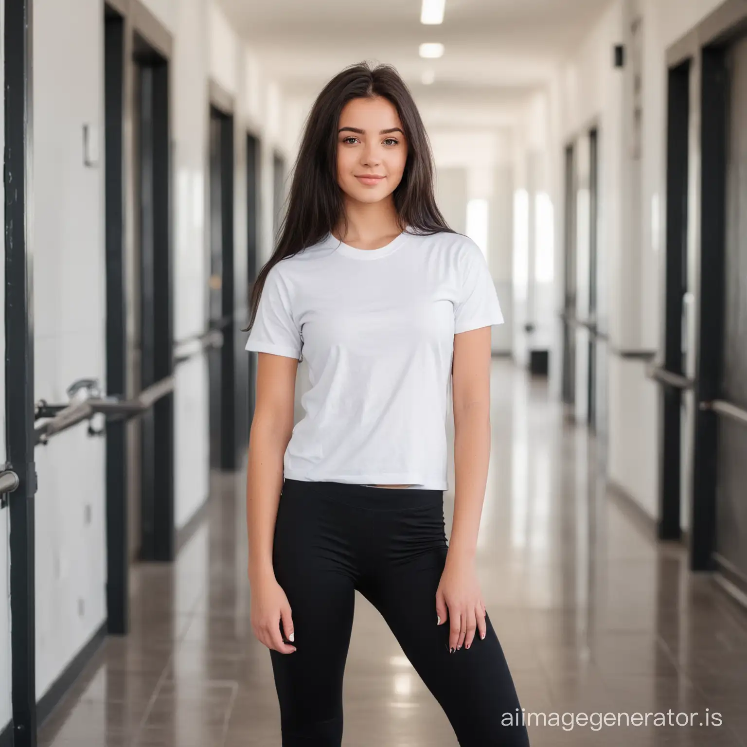 Cute raven haired sixteen years old girl standing in gym hallway in white t-shirt and black leggings