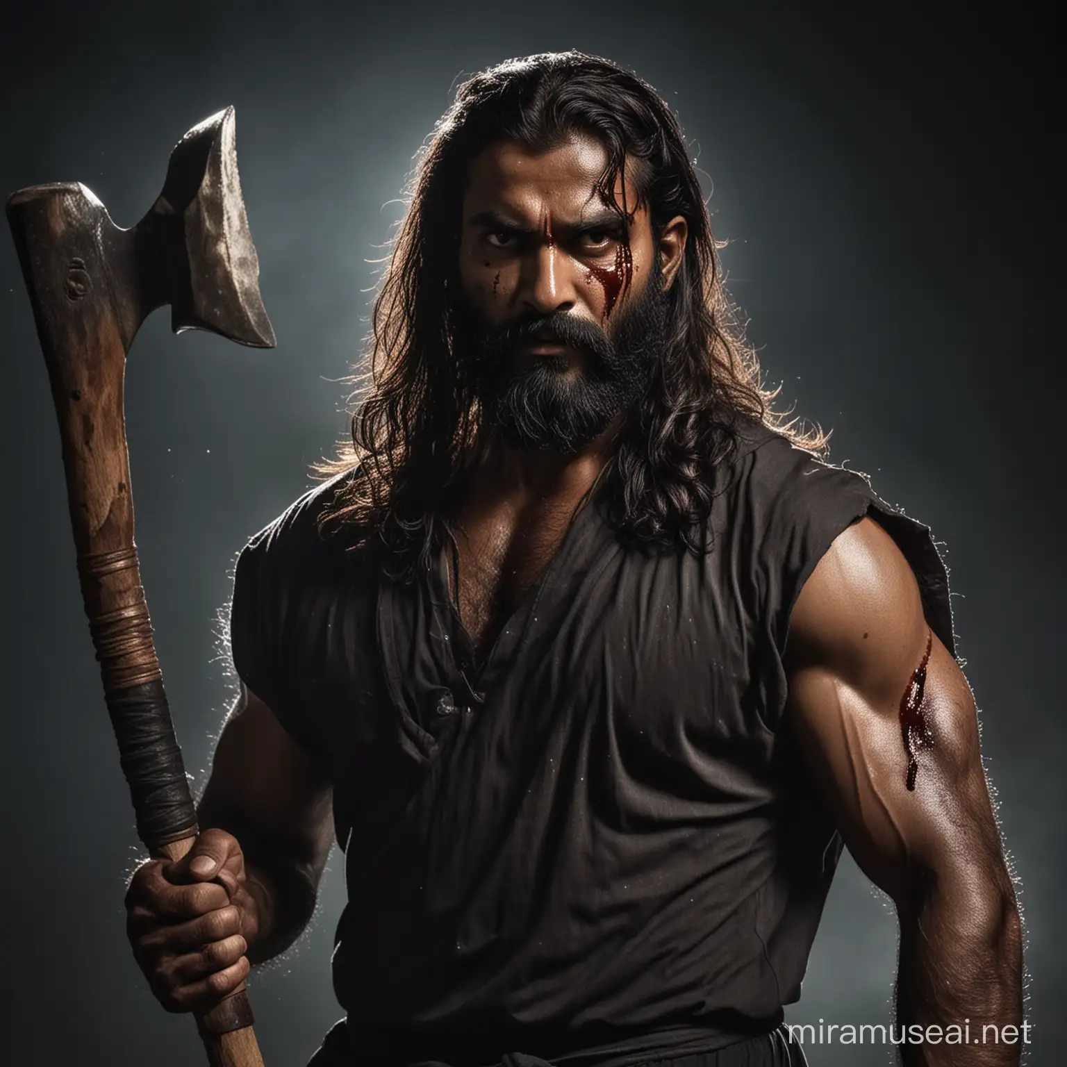 Profile of Modern day Parshuram in flowing beard and long hair and track suit with an axe slung across his shoulder, his eyes intense and blood shot his face partly lit by the moonlight

 