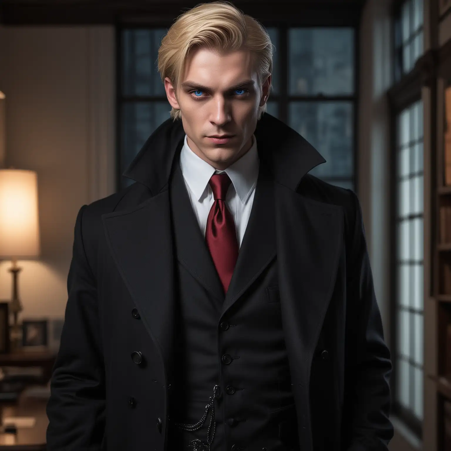 A male Tremere vampire, private investigator, blue glowing eyes, wearing a 1930s black suit, white dress shirt, deep red necktie, wearing a black greatcoat, pale skin, weak chin, blonde hair, inside a modern private investigator office, at night, full body shot, realistic