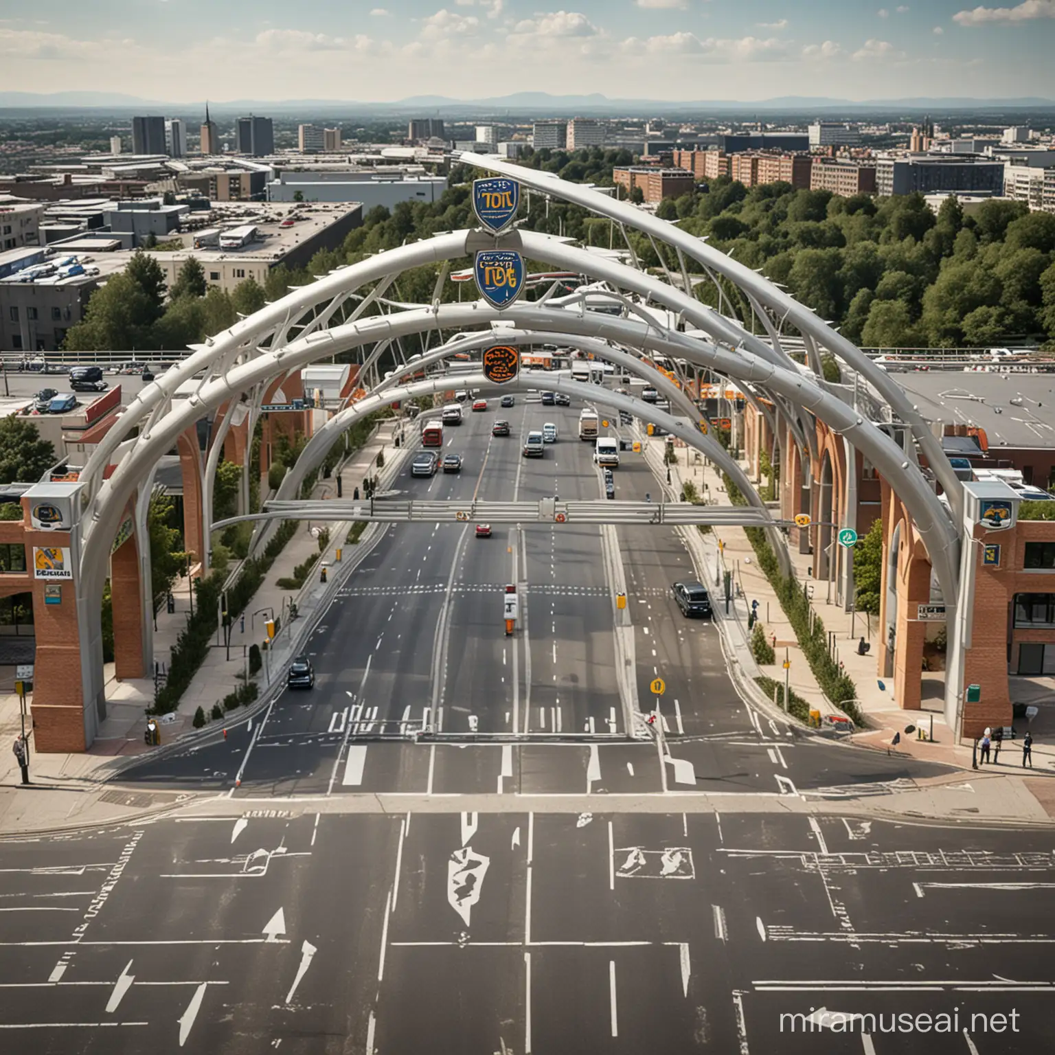 Designing an entrance gate for car tolls to enter the city, which includes cabins and cars, and is adapted from the shape of the Charity Arches and the shield
