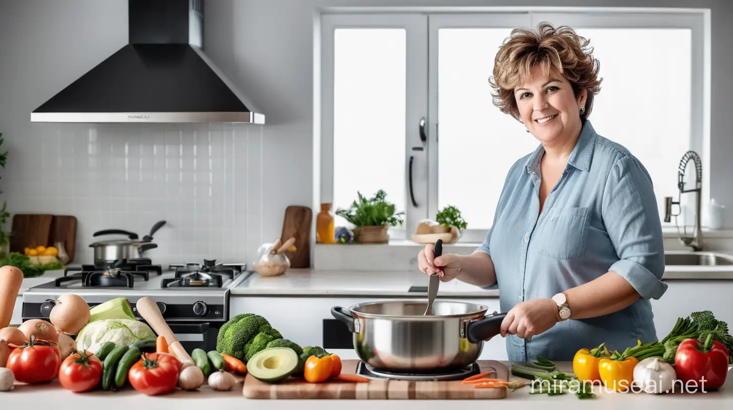 confident middle-aged woman cooking in a modern kitchen, surrounded by fresh ingredients and cooking utensils