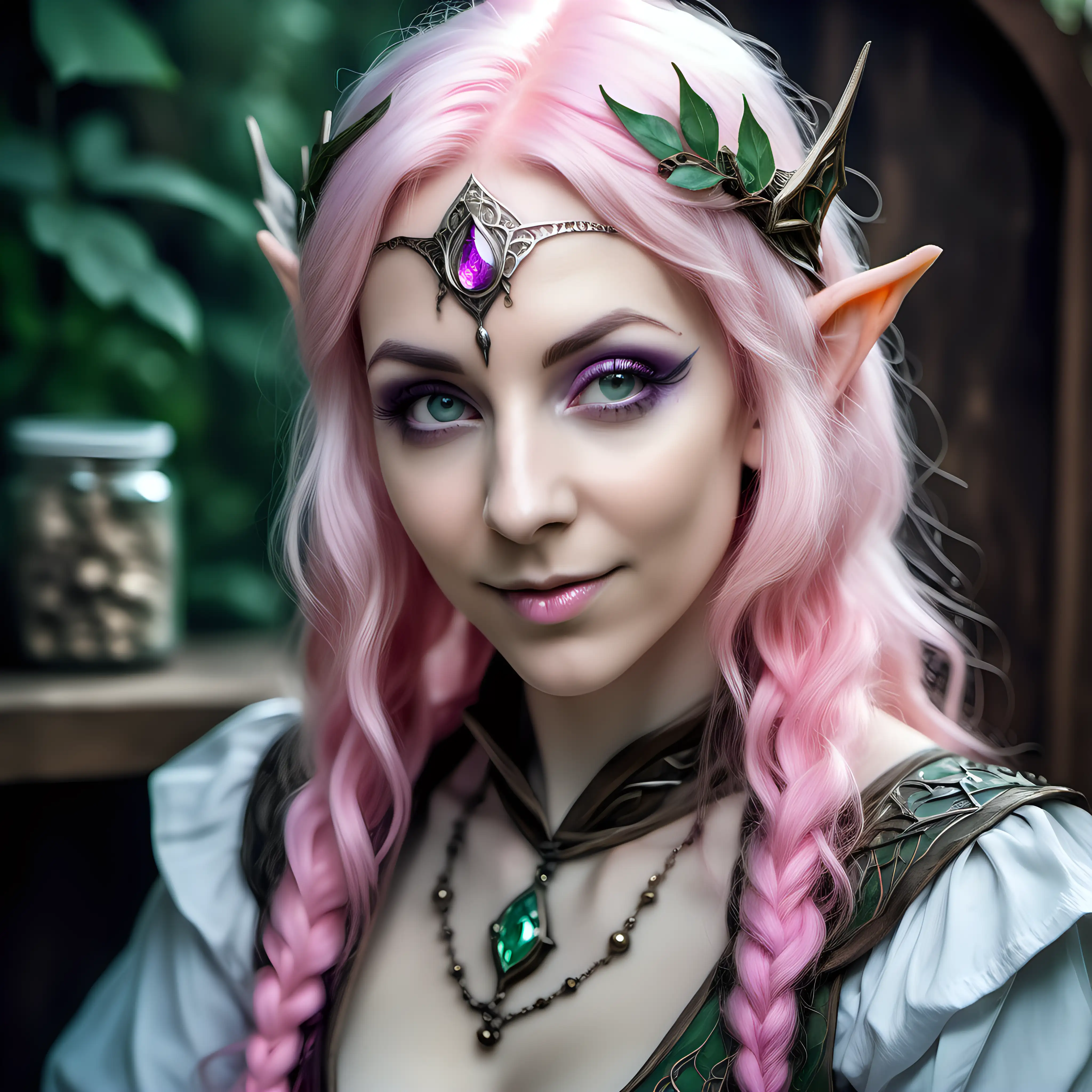 pretty elven sorceress, age 35 years, hyper detailed photography, face portrait, light pink hair, shy smile, apothecary background