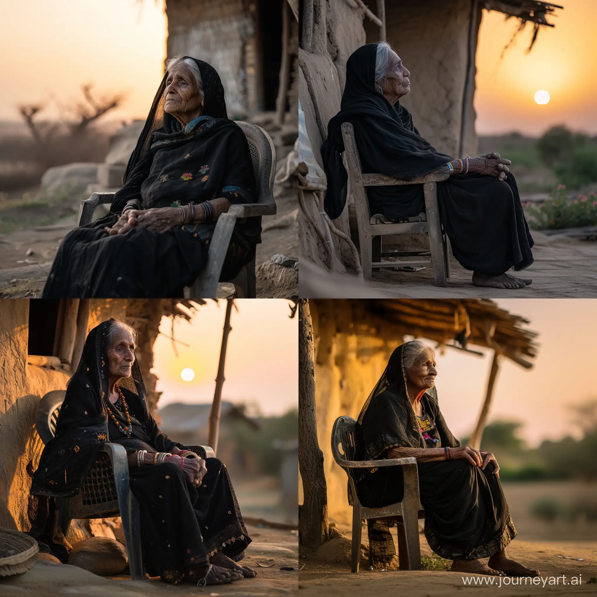  80 years old   rabari women gujarat black clothing  is sitting  on old chair near  hut  by sunset soft light and contrast  total body low angle fuji 35mm 