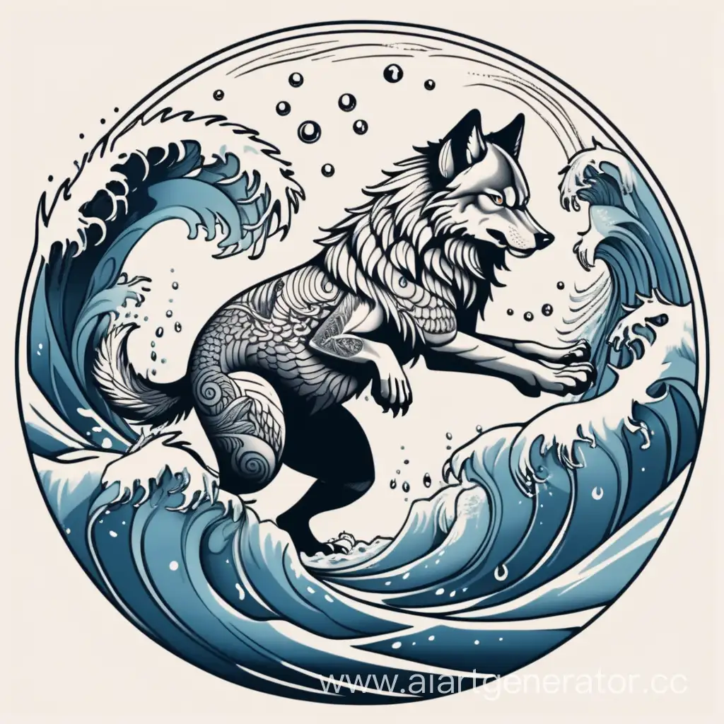 волк с рыбьим хвостом прыгает в воду с высокими волнами, вниз головой, вятянув перед собой передние лапы, все должно быть заключено в круг.  стиль татуировки