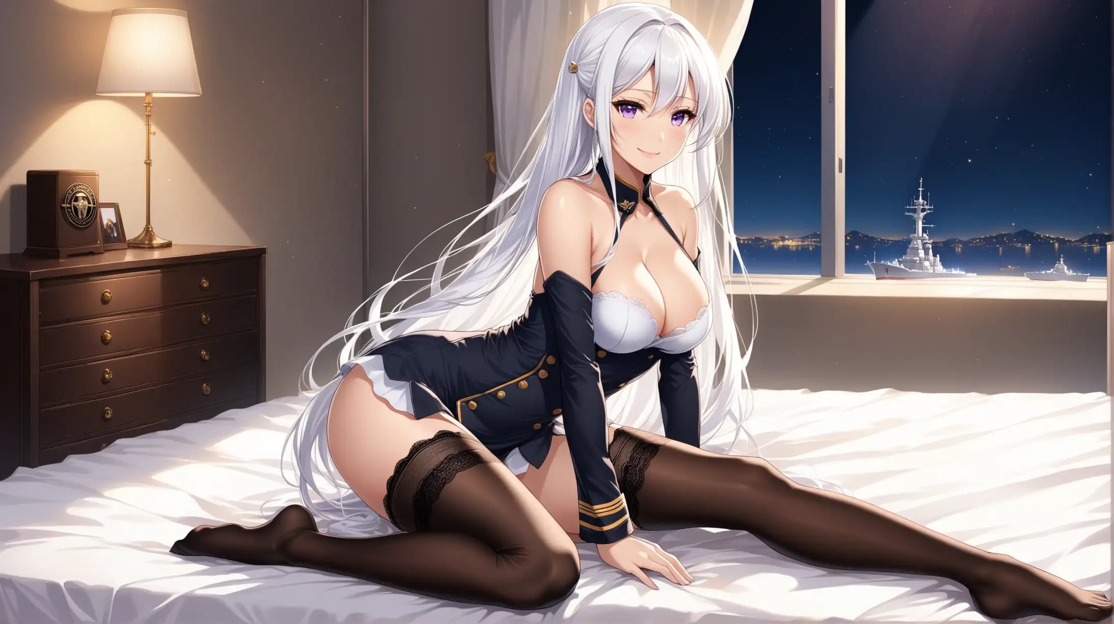 Draw the character Enterprise from Azur Lane, pale violet eyes, white hair, high quality, ambient lighting, long shot, indoors, seductive pose, lacy stockings, smiling at the viewer