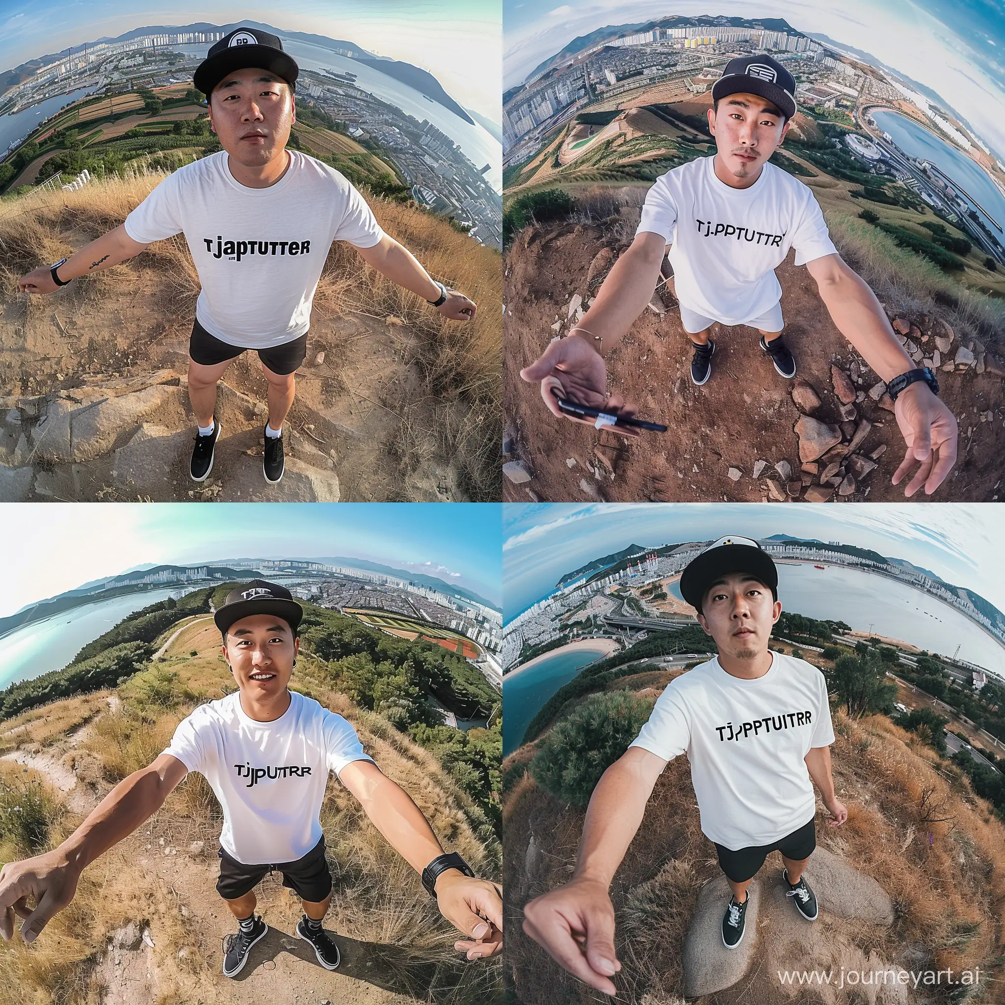 a 30 year old native korea man wearing a white t-shirt with the name "tjaptjuter" written on it. black sneakers, shorts, snap back hat, selfie on top of the hill, background at the top of the hill, and the view from above, fish eye camera shot, the best professional photographer's images, everything looks very realistic and amazing