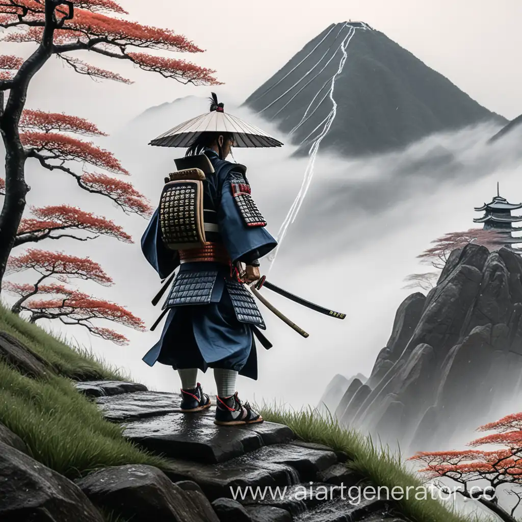 Самурай спокойно поднимается в гору во время дождя в дали