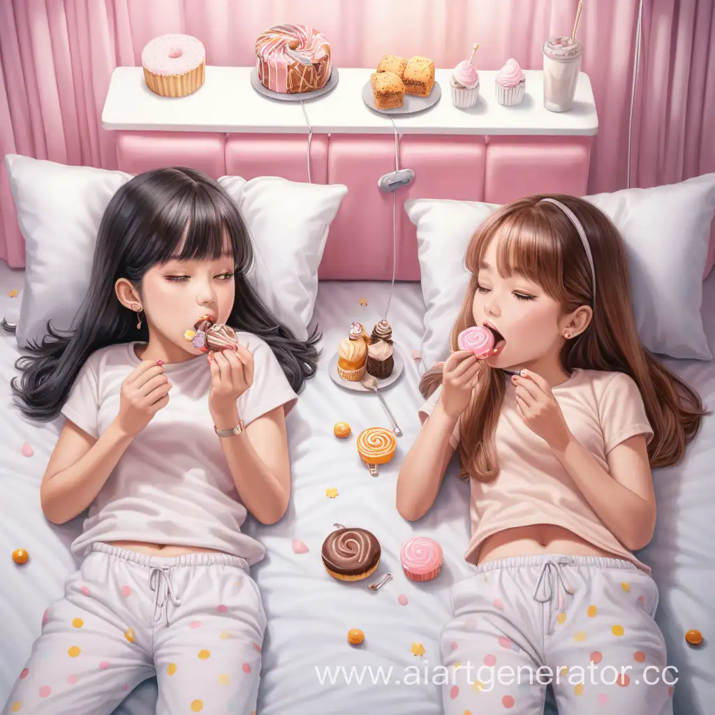две девочки лежат на кровати и едят сладости