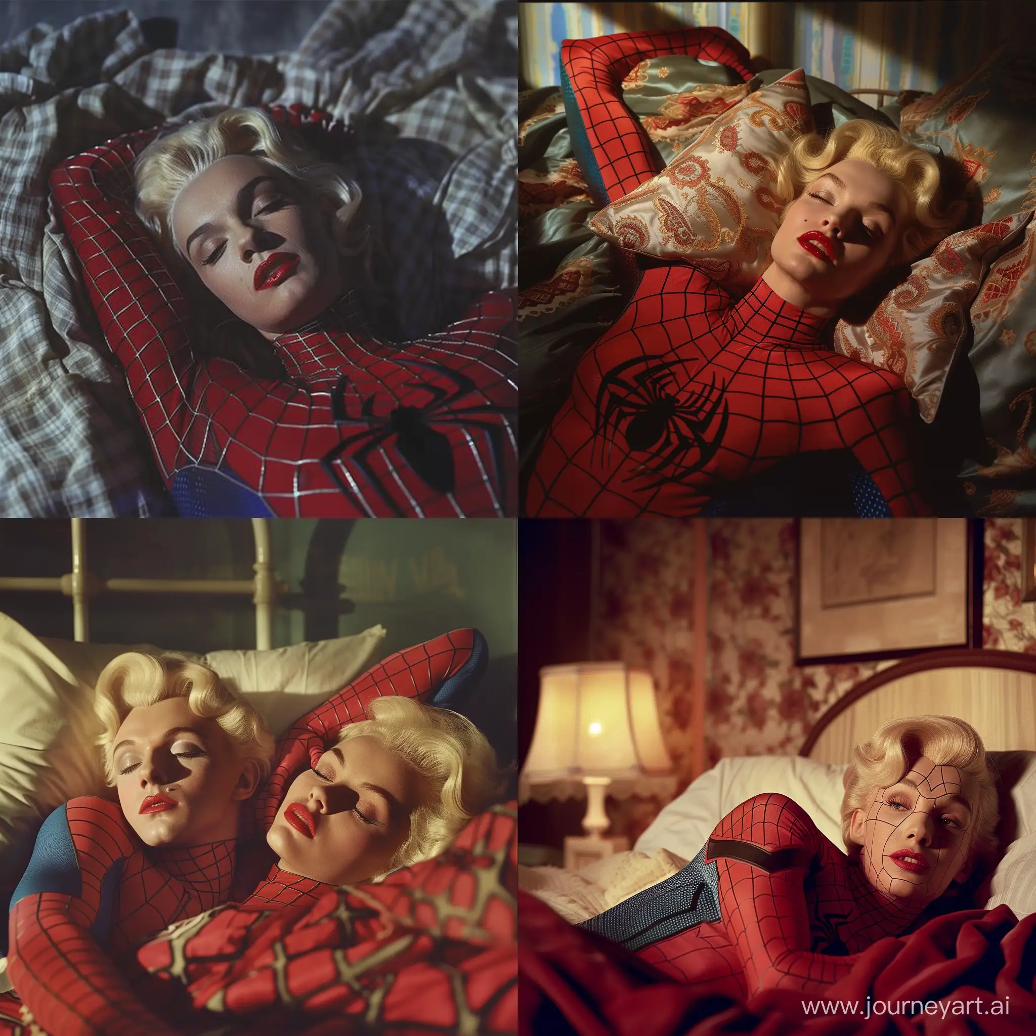 Spiderman in bed Marilyn Monroe, safe for work --v 6 --ar 1:1 --no 9431