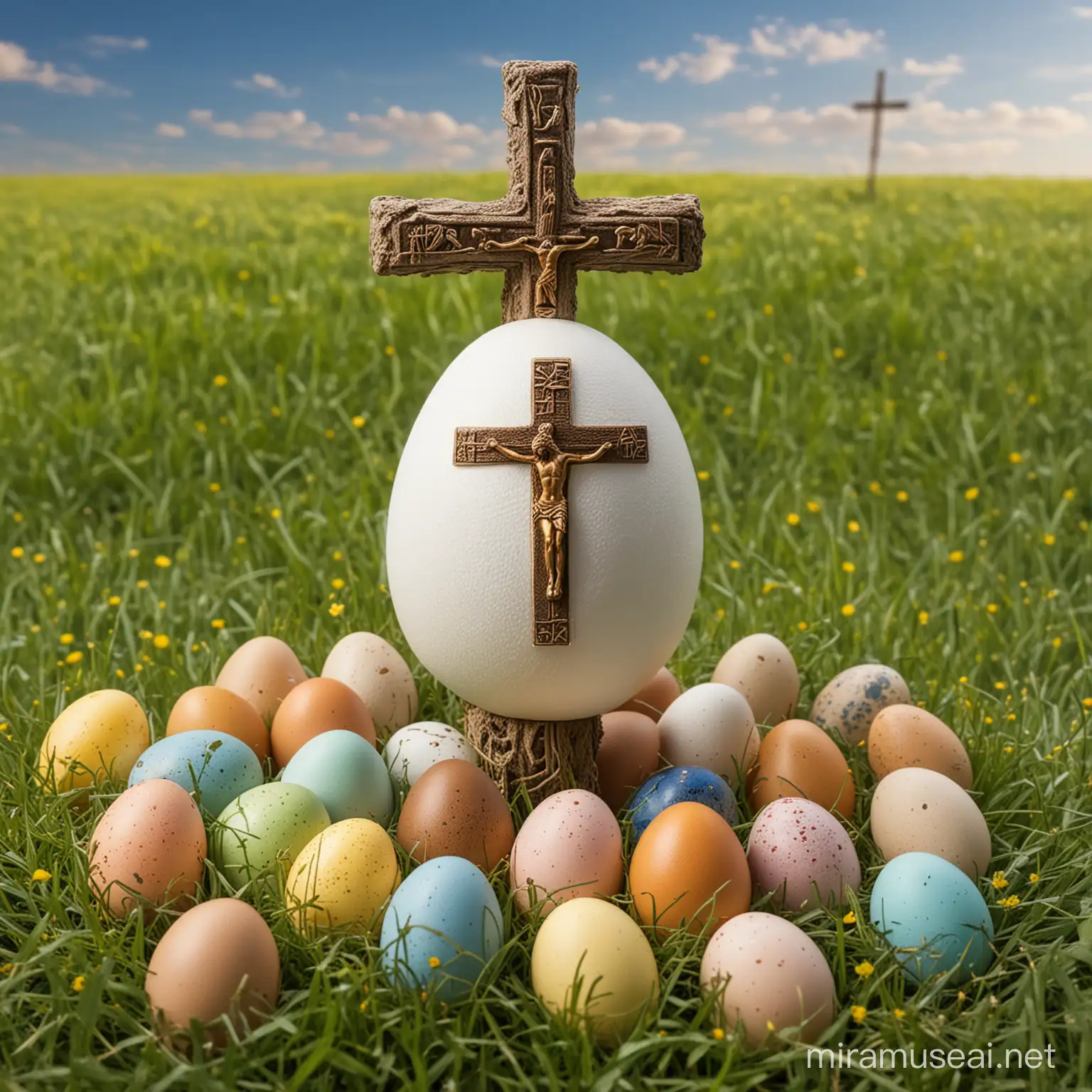 Eastern egg with Jesusu on cross on surface. Egg is on spring meadow covered with various colored eggs