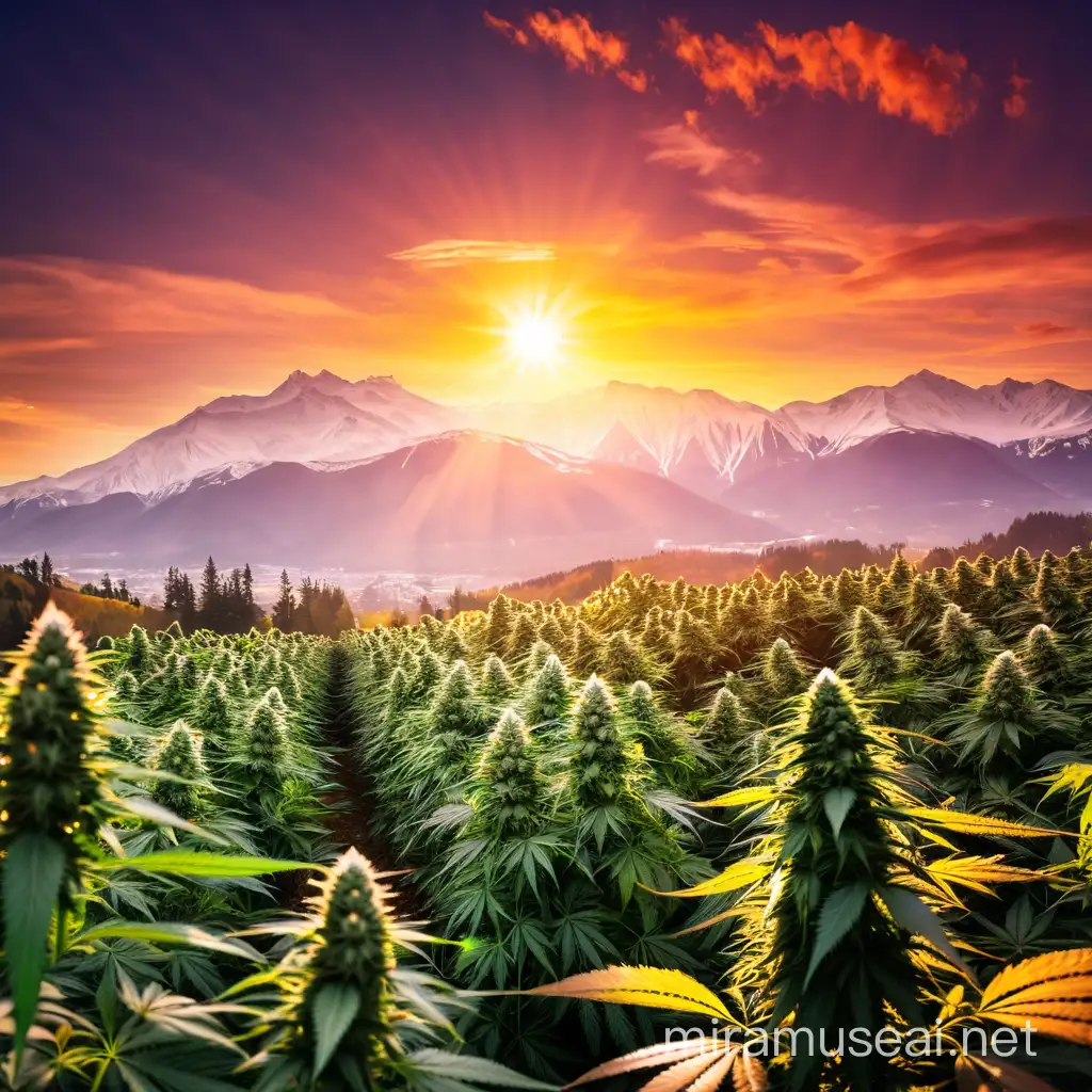 marijuana field with sun and snow mountain