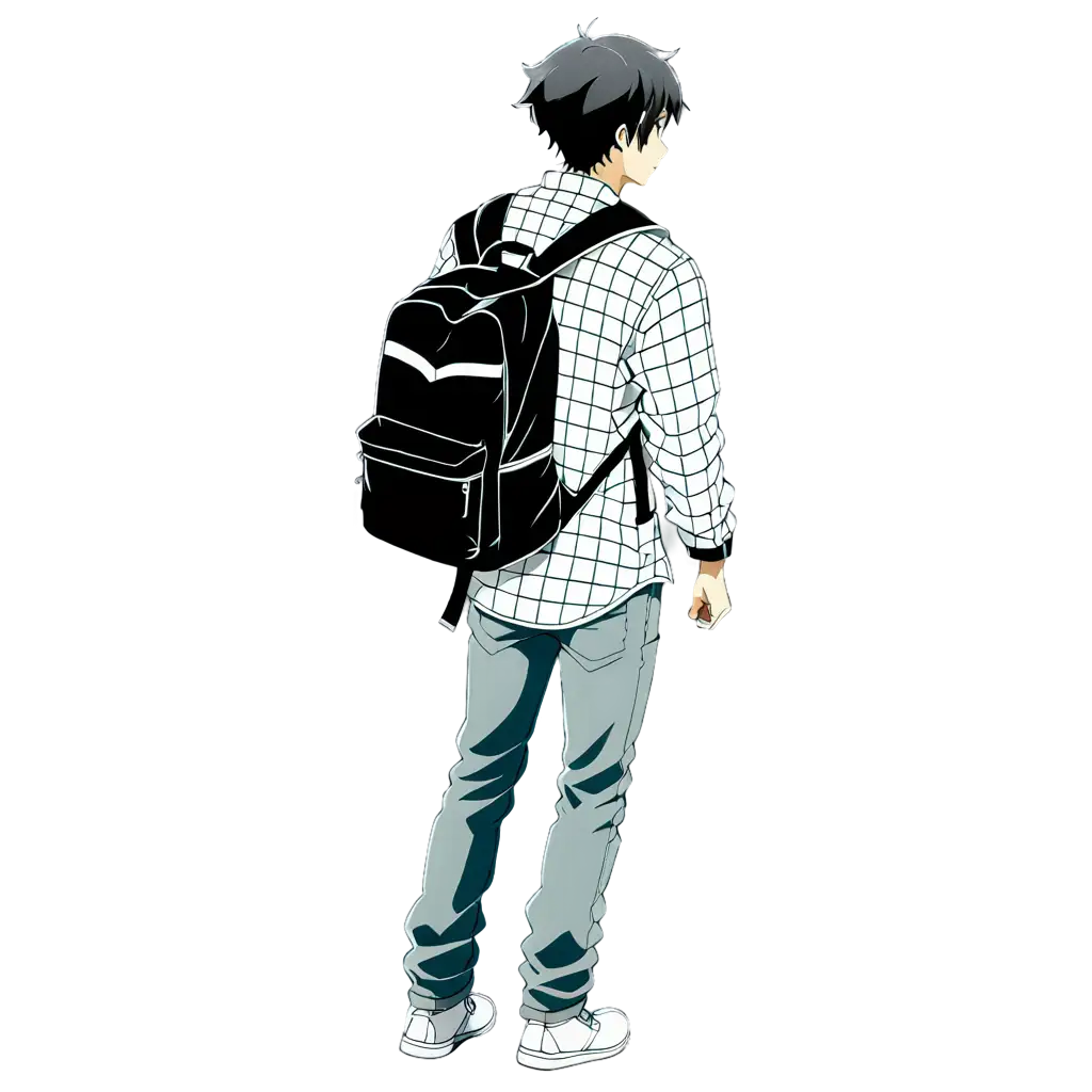 College-Boy-in-Makoto-Shinkai-Anime-Style-PNG-Black-and-White-Flannel-Back-View-with-Backpack