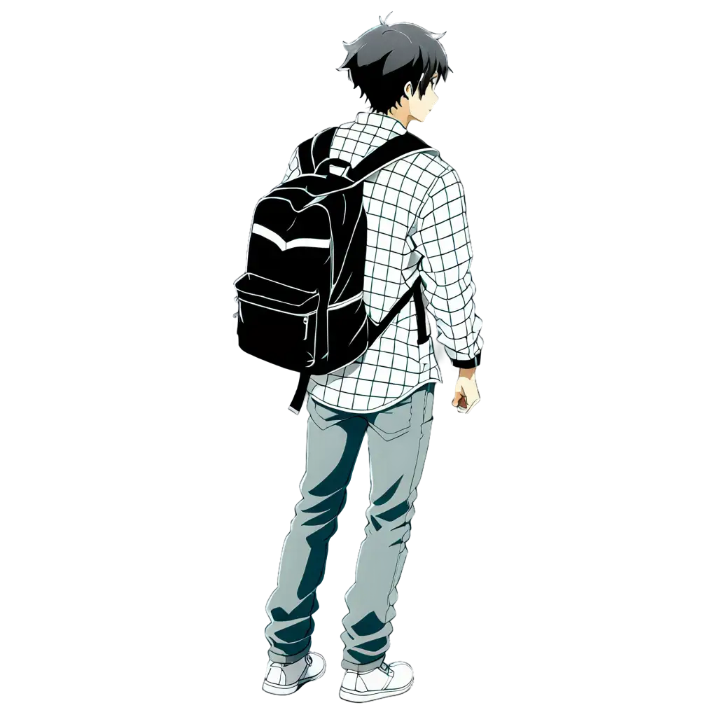 College Boy in Makoto Shinkai Anime Style PNG Black and White Flannel Back View with Backpack PNG Prompt