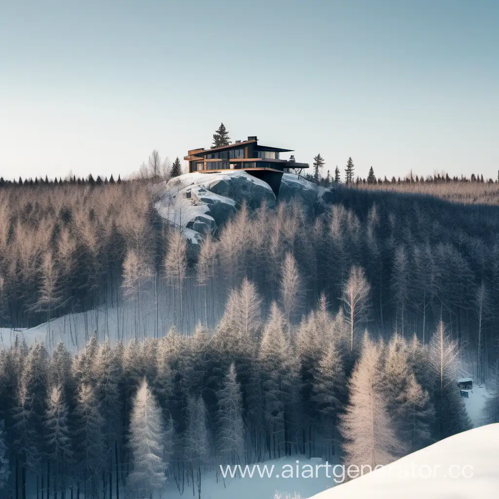 
a house on top of a large rocky hill overgrown with pine forest in the middle of the winter taiga, a view from afar