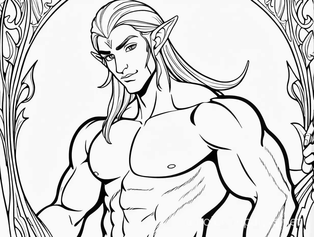 Elven-Male-Flexing-Coloring-Page-Black-and-White-Line-Art-for-Easy-Coloring