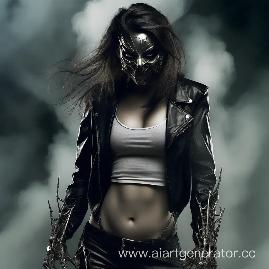 solemn crying woman with sharp face, her hair is long dark, dirty hair, brown eyes, she's wearing a metal half-mask, half-mask is shaped like a demon, woman is surrounded by dark smoke and spider legs behind her, she's wearing baggy light leather jacket, high-waist pants, tight silver vest, two leather straps and a pocket on her right thigh. she has silver metal arm sleeve on her right arm. the arm sleeve has  short claws. her chest is fully covered.