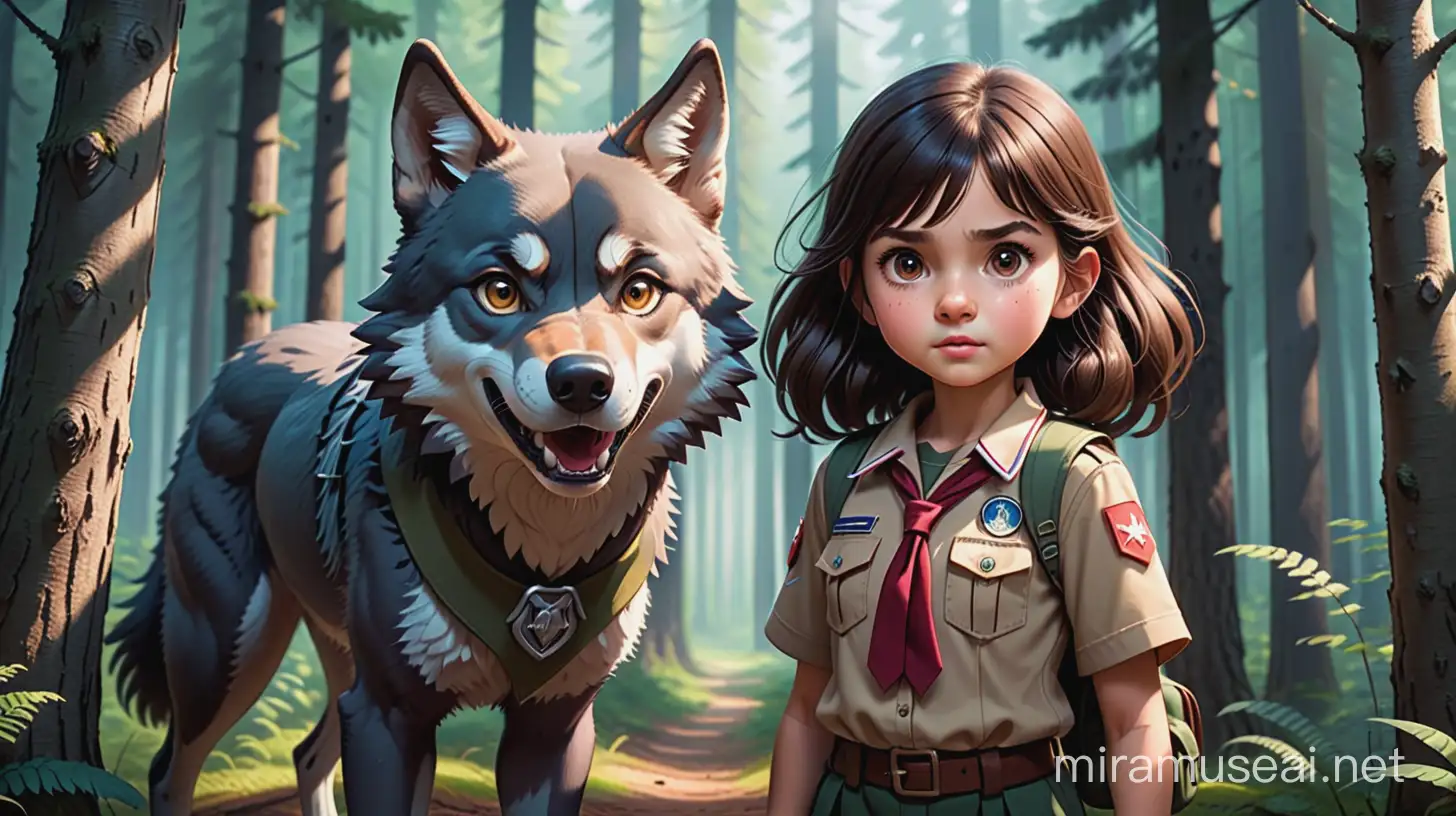 Brave Girl Scout Confronts Angry Wolf in Cartoon Forest