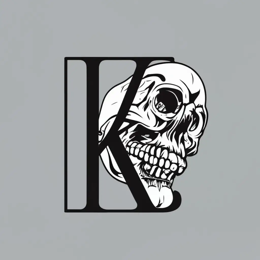 Logo, Box, with the text "K B", typography, easy to read, with a skull in the background, black and white, inside a square border, bloody, gothic, dark, catchy, greyscale,