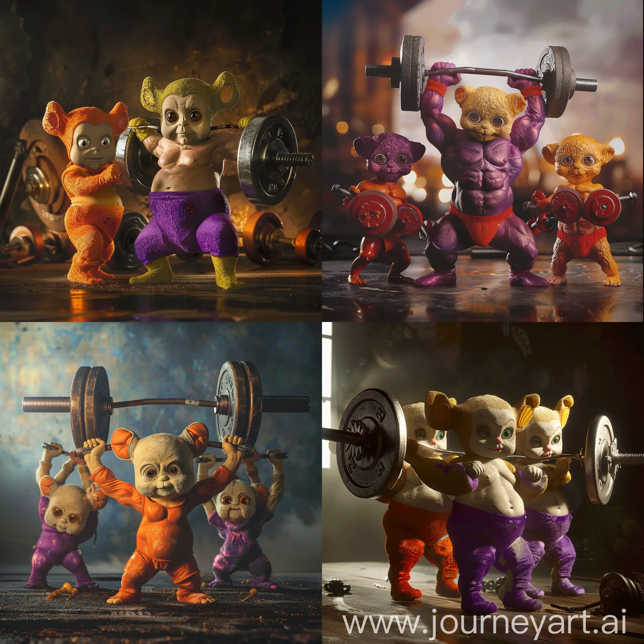 Teletubbies as powerlifters, teletubbies as bodybuilders, brutally, evil, strong, professional photo, ultra realism, cinematic light