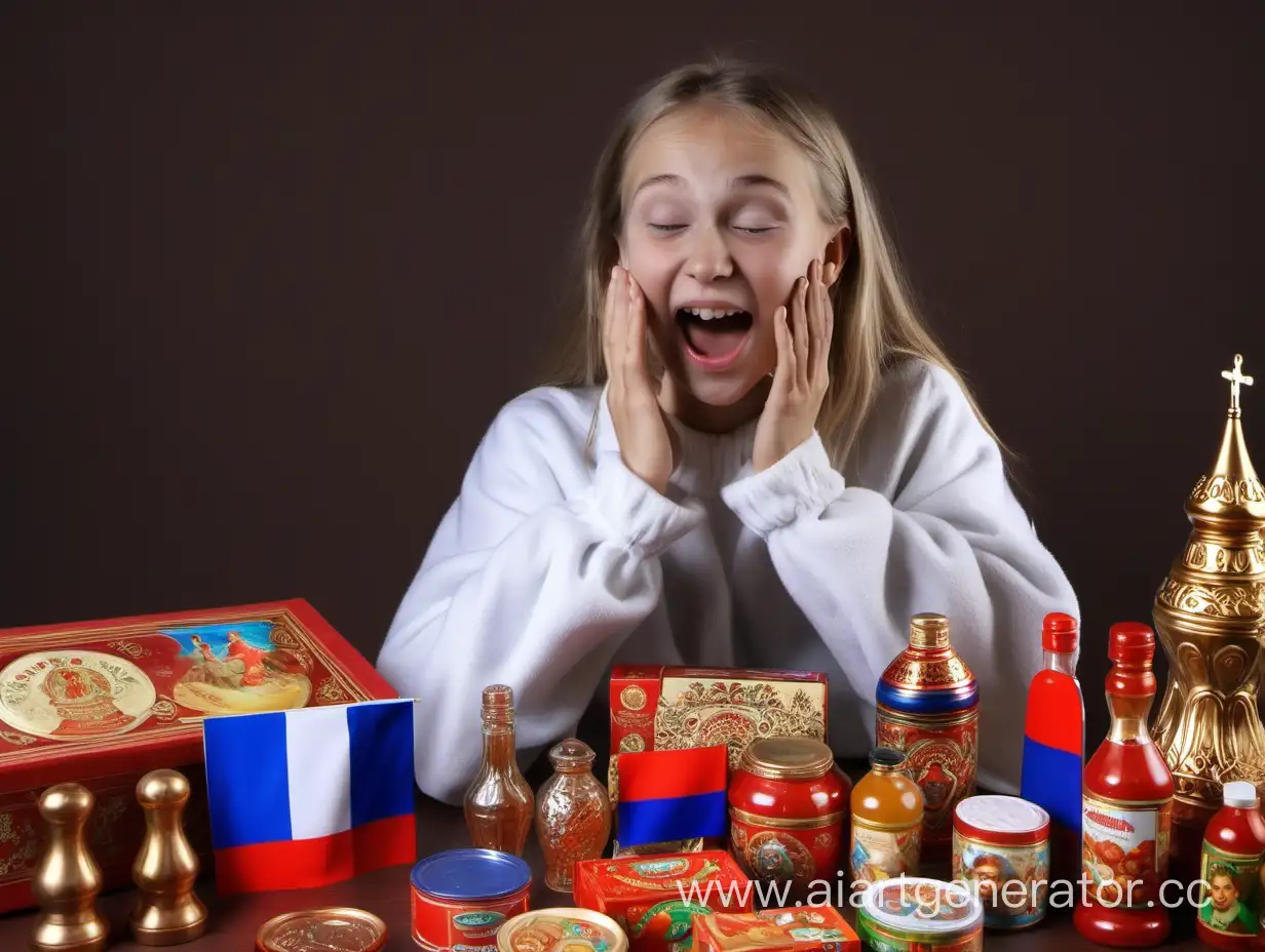 Девушка рассматривает русские продукты и радуется