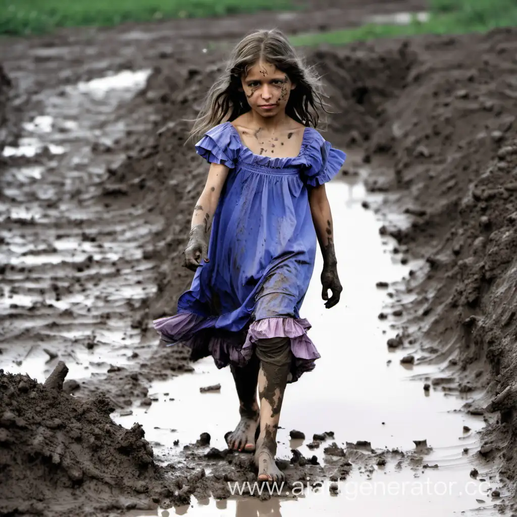цыганская  девочка  лет  10  в  платье  идёт  босиком  по  слякоти