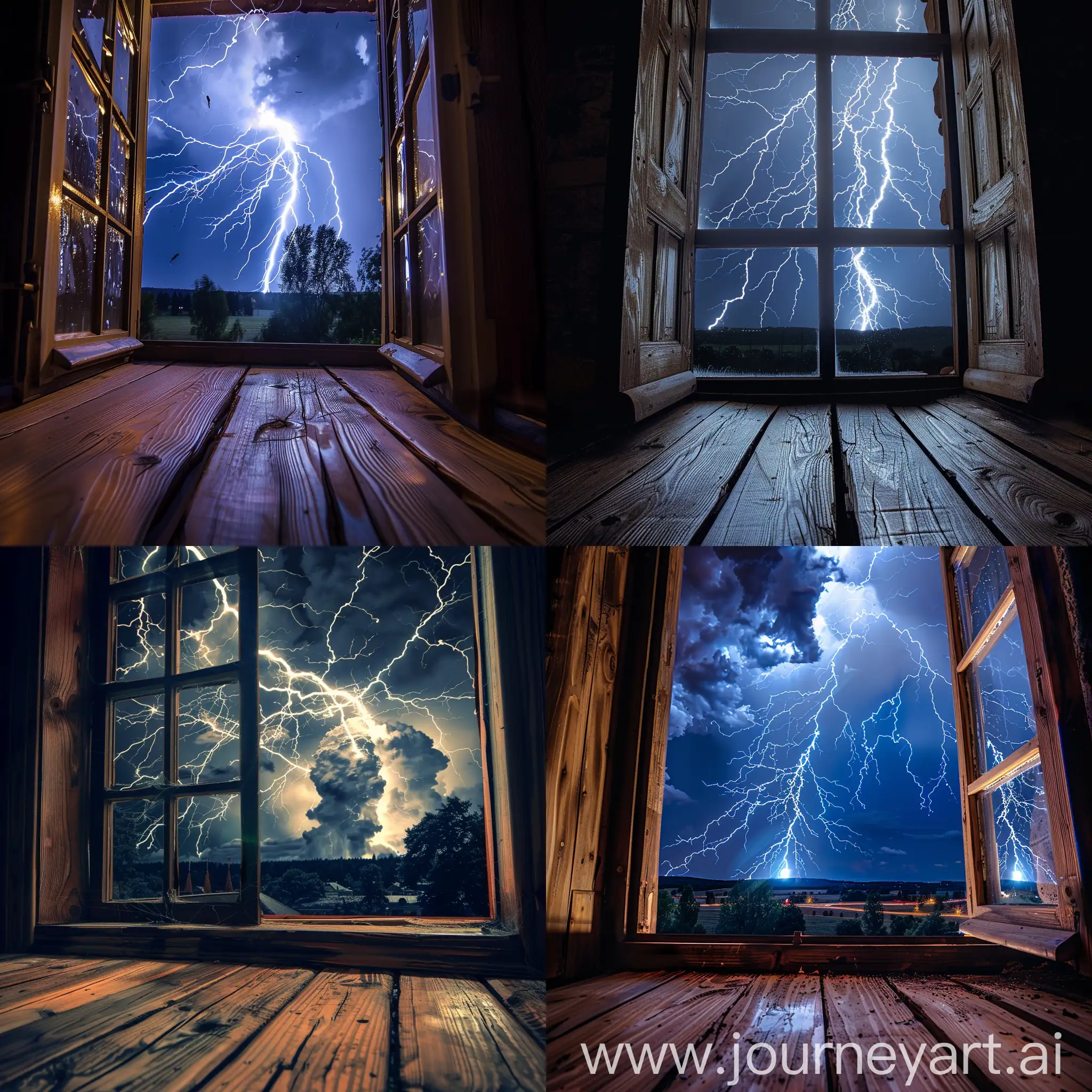 pov from inside an old wooden floor room looking out a Window during night and seeing a huge lightning impact