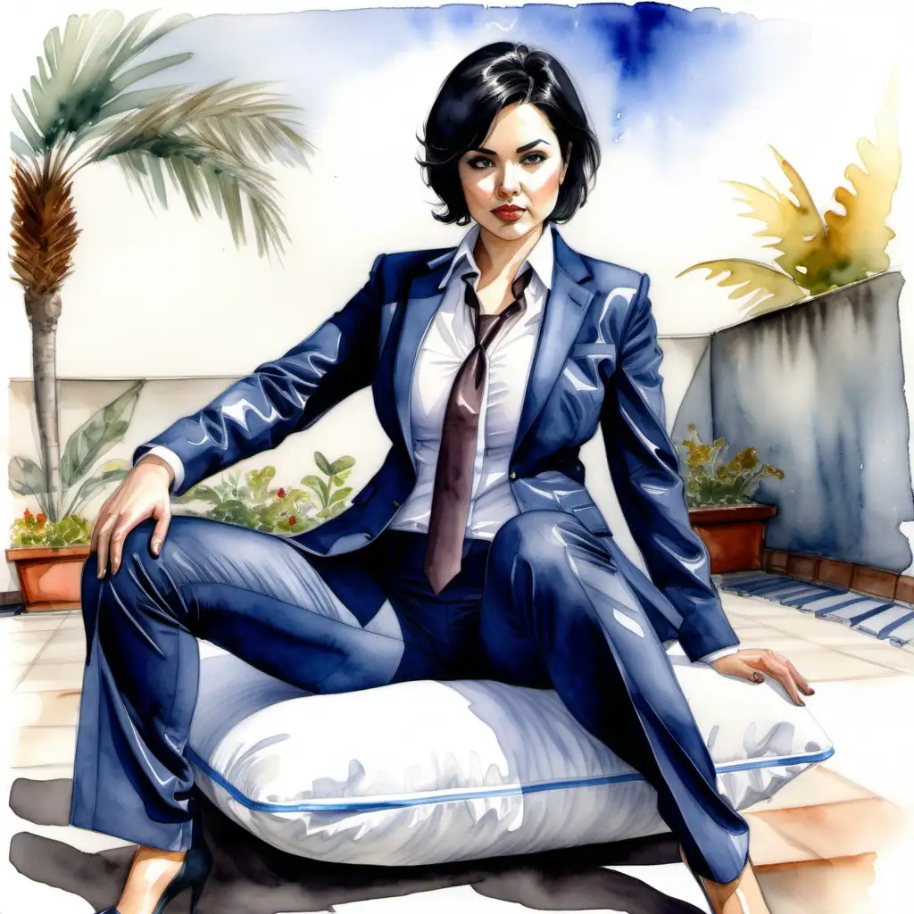 Confident Female Airline Pilot in Blue Suit Pushing Cushion Outdoors