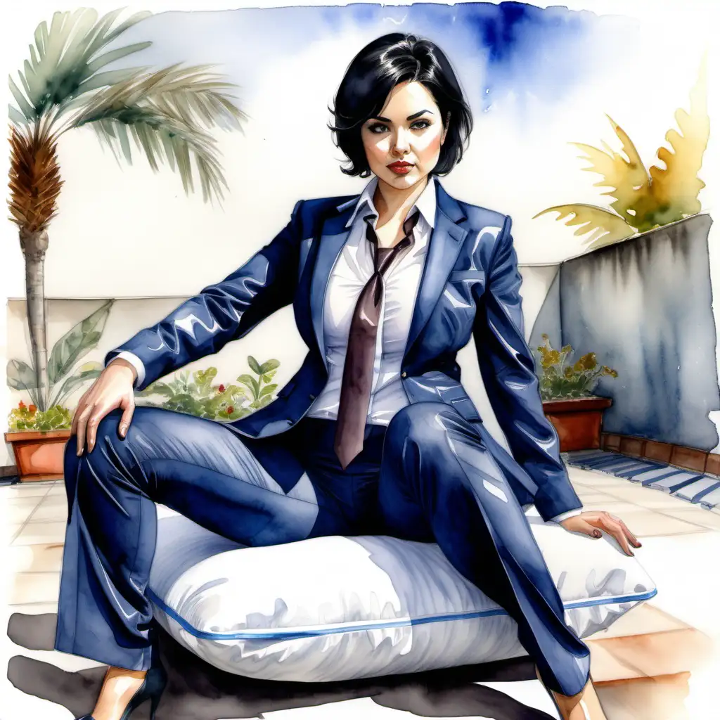 sexy  curvy woman, short black hair, brown eyes, dressed in a suit, blue tie and pants , white shirt, airline pilot, mounted, sitting and crouched on top of a cushion pushing it with her hands and holding it with her legs in the backyard of the residence.. Watercolor.