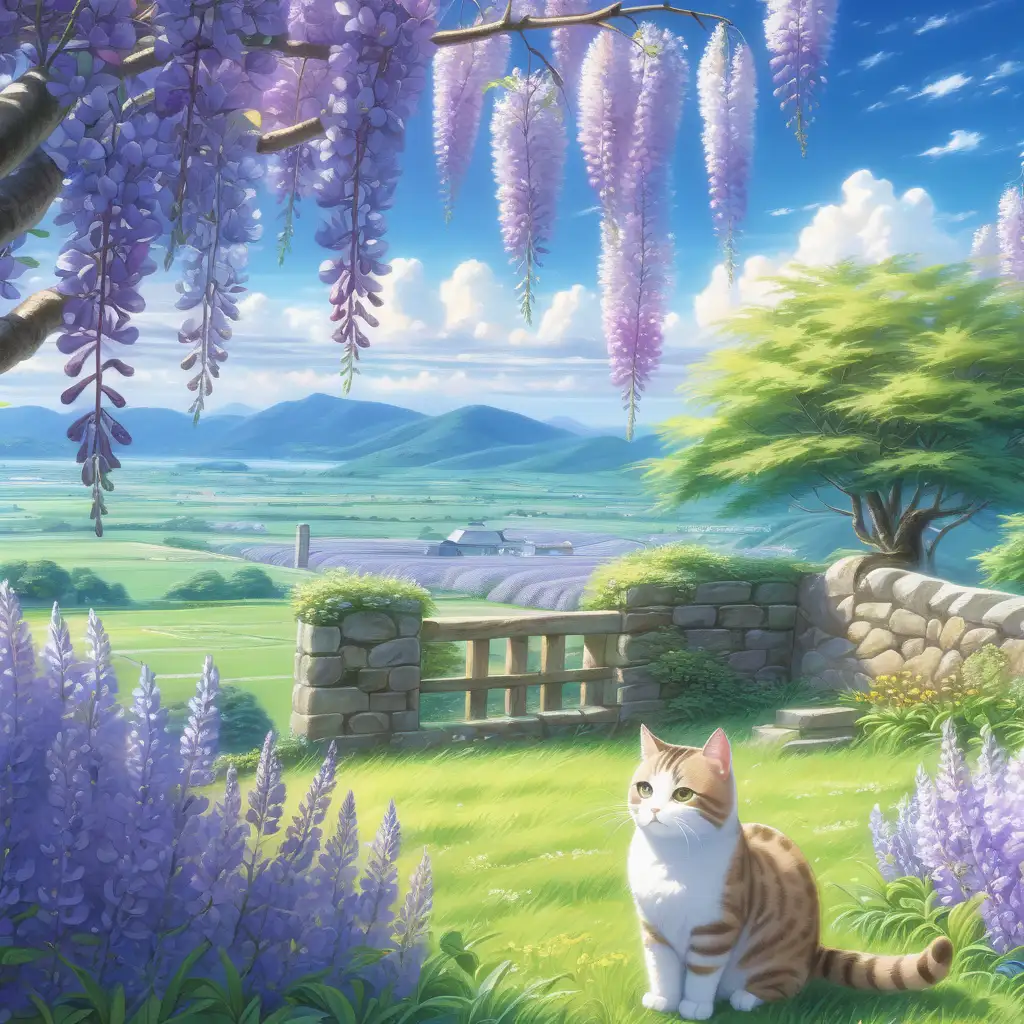 Photo of beautiful spring flowers garden of a countryside,  tabby cat lay on the grass, purple wisteria flowers hanging on the wall, very detailed painting,  beautiful sky and clouds, full shot photography style, makoto shinkai style, ghibli style, acrylic painting style, trending pixiv style, super detailed , 8k, best quality, masterpiece, realistic,