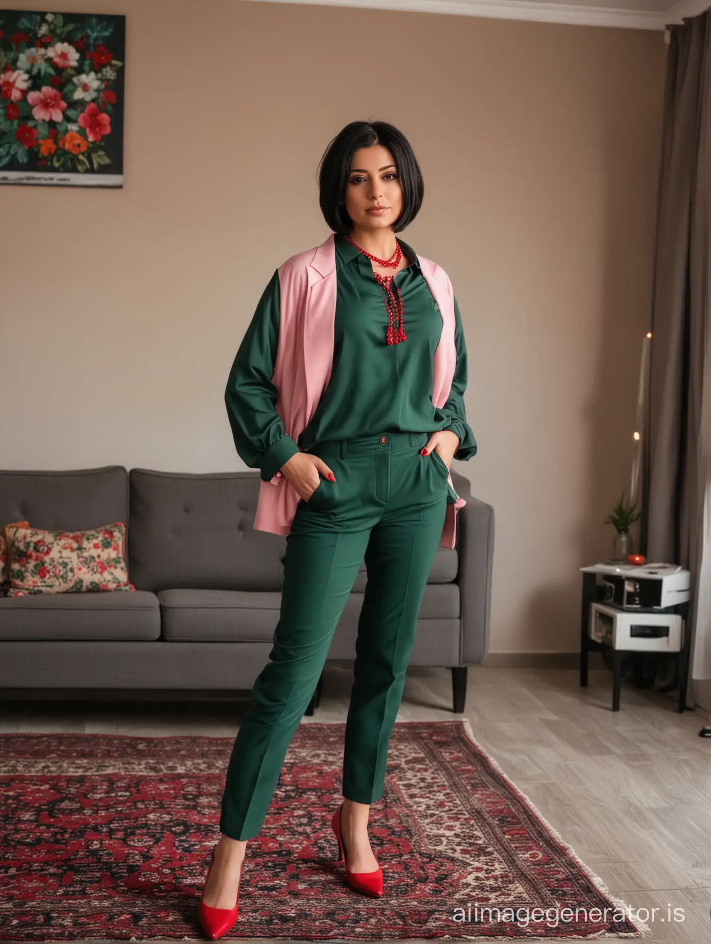 iranian woman 30 years old, dark green suits, pink shirt, red necklace. black bob hair, black shoes, standing in a cozy living room ,full body shot, morning light