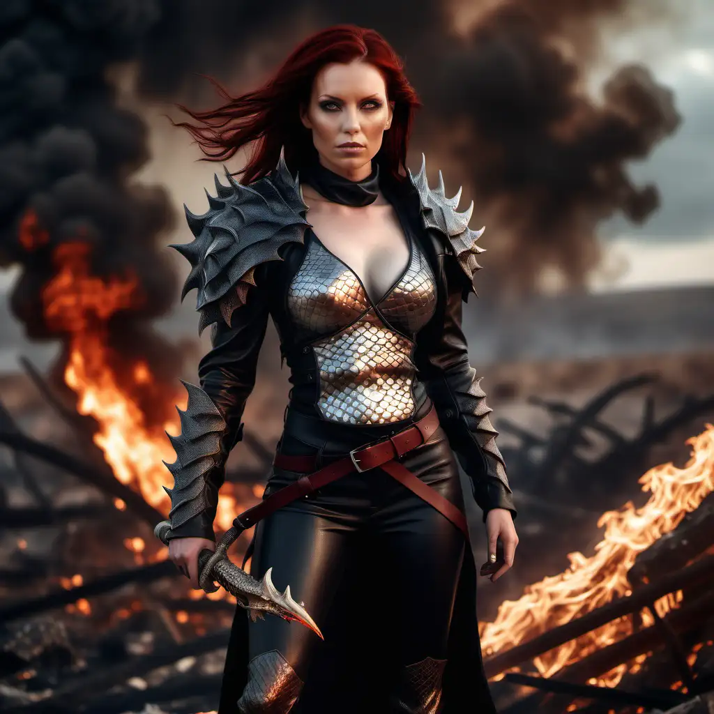 Hyperrealistic image of a beautiful woman with dark red hair and dark eyes. She stands on wasted land and behind her is fire. She looks strong and powerful and wears long leather clothes with dragon scales for fighting. She is 40 years old.