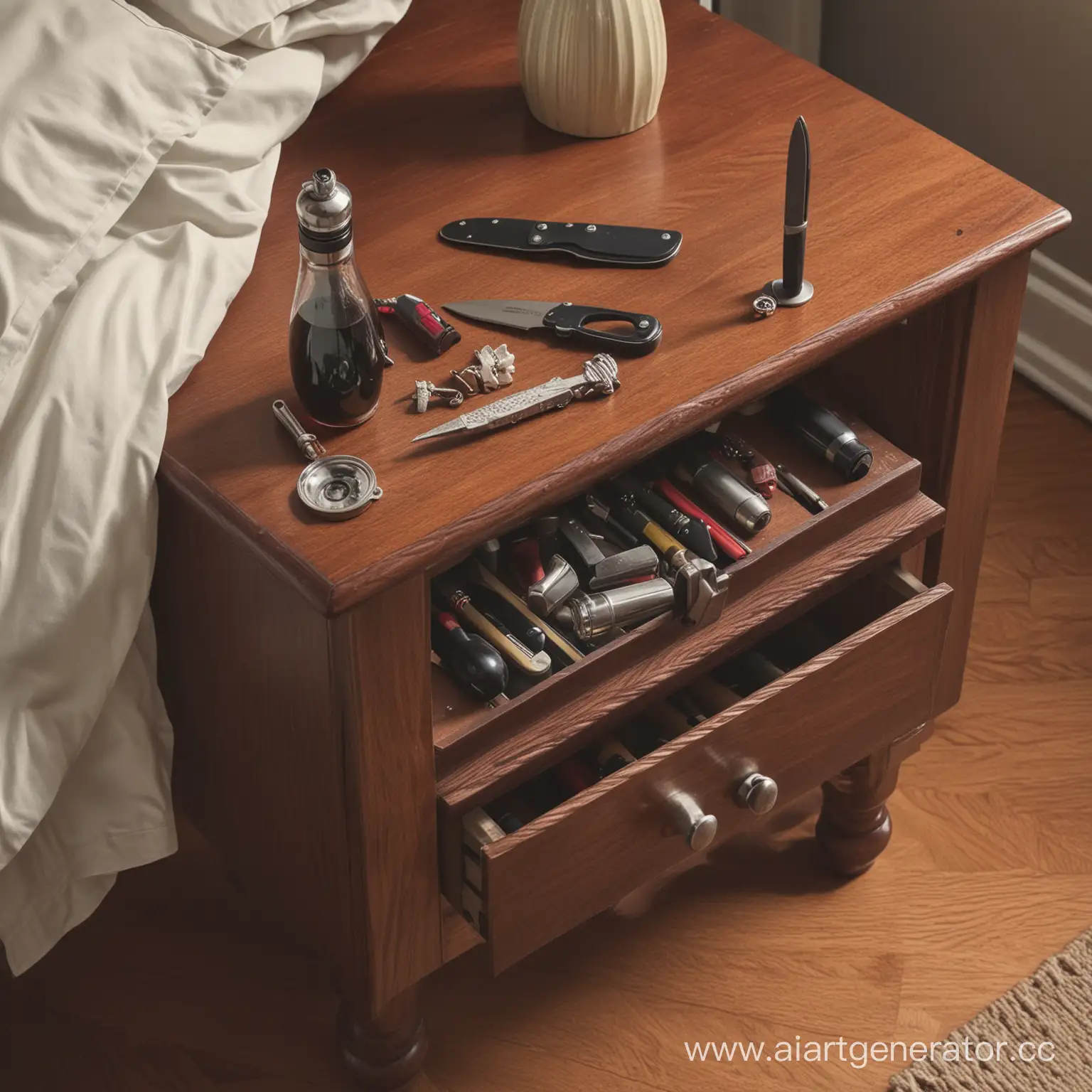 Nightstand-Scene-with-Pepper-Shaker-Keys-and-Knife