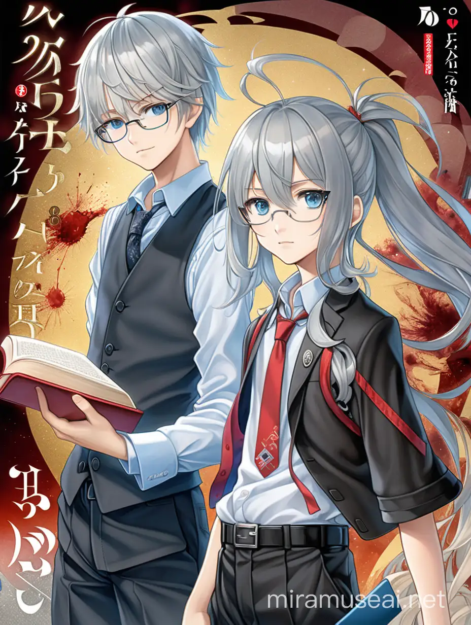 A 13-year-old boy, with messy silver hair and brilliant blue eyes with an emotional facial expression, wearing a blood red shirt, gray vest, black tie, long pants (Japanese Light Novel Cover, Cusakabe Illustration, Full body).

Next to her is a 14-year-old girl with a flat facial expression, golden hair with red eyes wearing glasses, black skirt, holding a magic book.