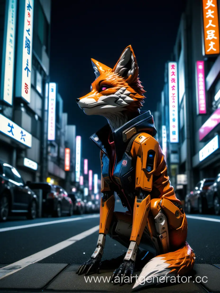 киберпанк лиса в реализме и высоком качестве сидит на ночной улице в токио, высокая детализация, смотрит вверх