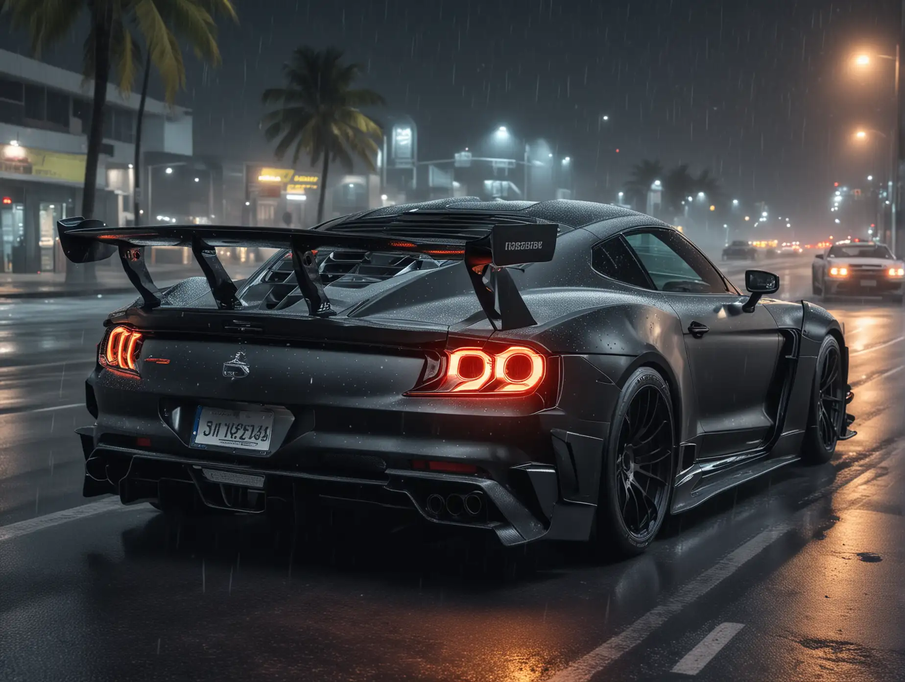 create a super tuning super car from mustang gtr and koenigsegg jesko driving at night on the city miami roads snowing dark color drifting and big tiers, rear View car color dark black add this name (BOO89ED) to number plate