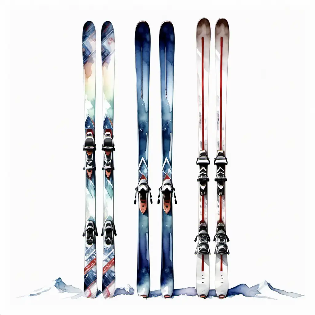 Realistic Watercolor Illustration of Two Downhill Skis on a White Background