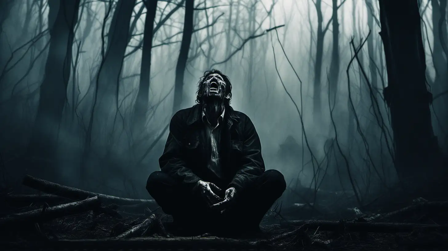 mężczyzna siedzi w ciemnym starym lesie i wyje, z ust tryska mu czarny śluz, dookoła bagna, mgła i dym, atmosfera horroru