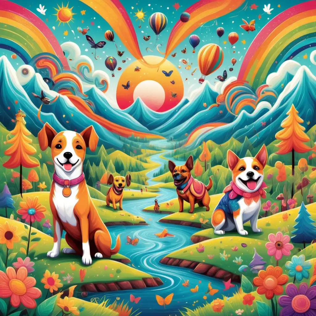 "Create a whimsical and colorful design featuring their favorite ,dogs, vibrant landscapes, or imaginative characters, sparking joy and creativity 
 
