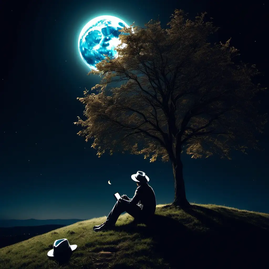 a man looks at the moon lying on a hill under a tree with a hat at night alone listening to music