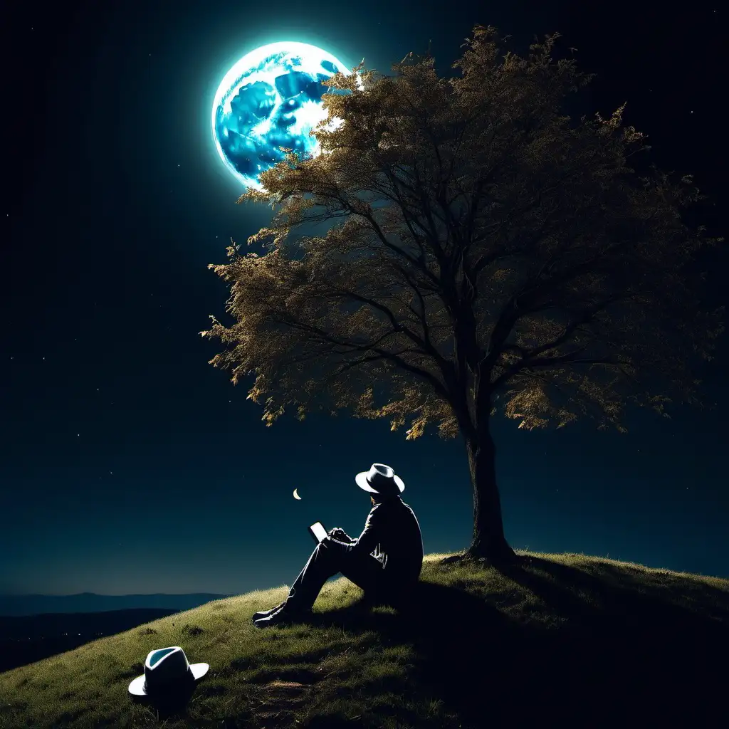 a man looks at the moon lying on a hill under a tree with a hat at night  alone listening to music