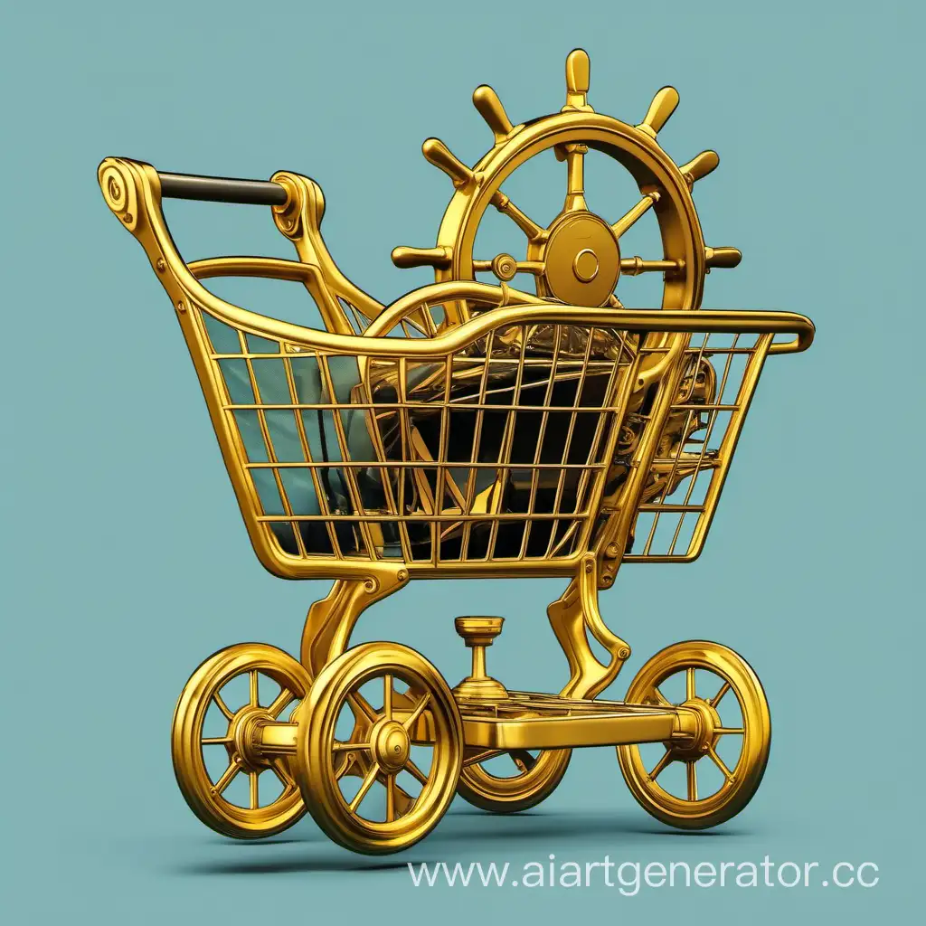 a shopping cart with a car seat inside as a seat, a ship's helm as a rudder, with a powerful gold-colored engine