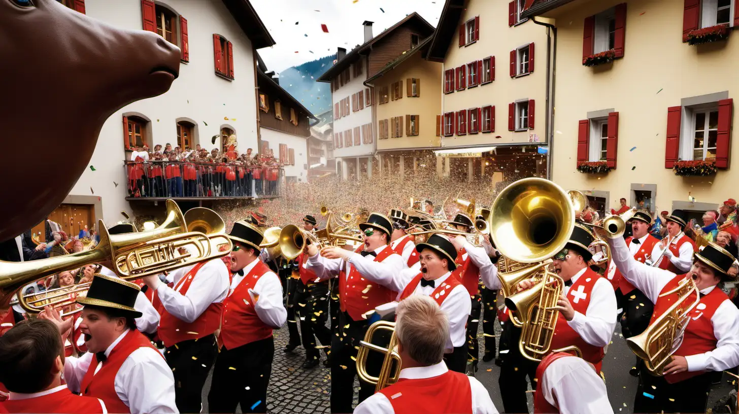 Wild carnival scene in a Swiss village, featuring a brass band, lots of confetti, crowds of cheering people
