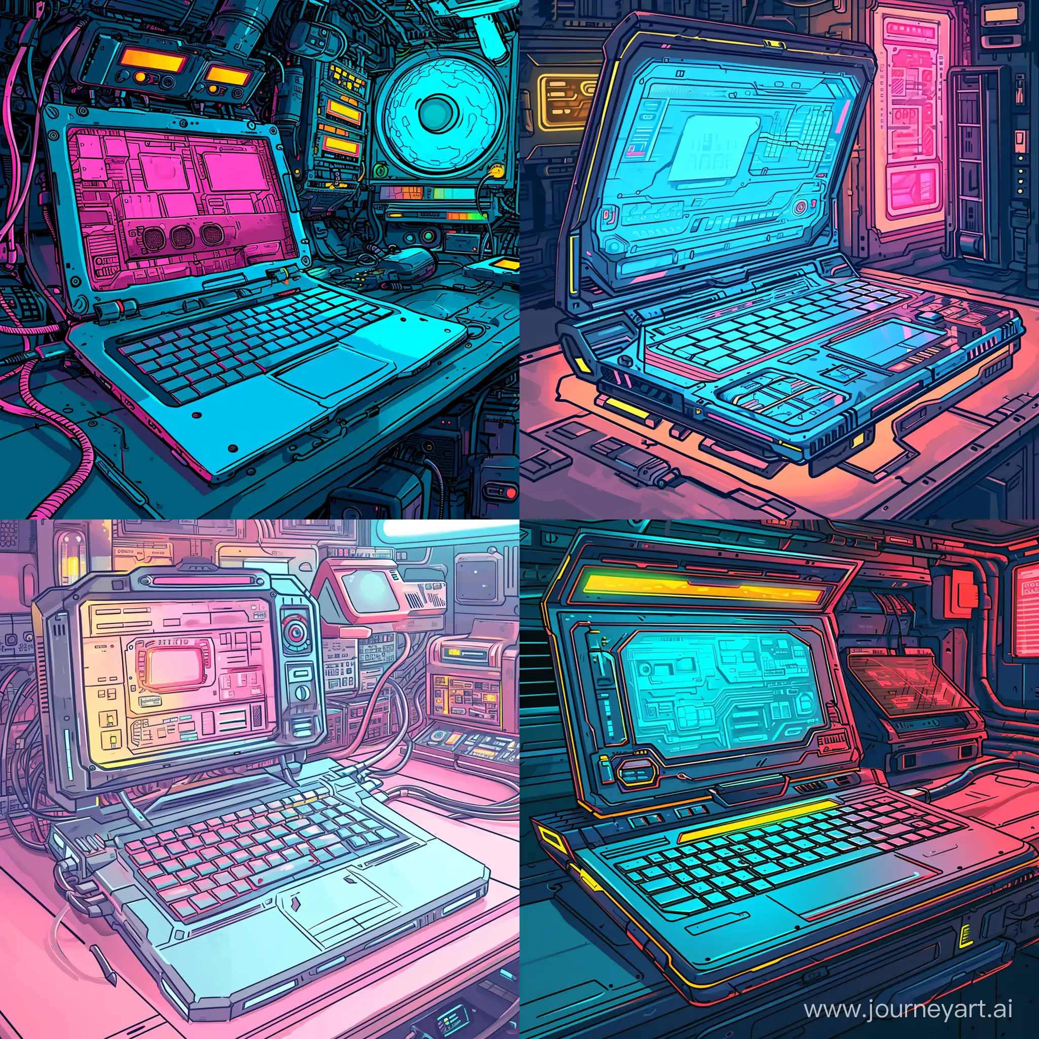 Futuristic laptop, cartoon color drawing, 2020s, trending on artstation, trending on DeviantArt, postcyberpunk style, biopunk style, nanopunk style, science fiction --v 6